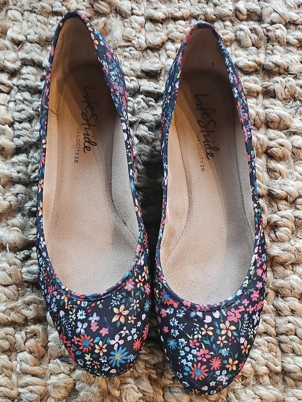 Life Stride Black Floral Ballet Flats with Multicolor Blossoms